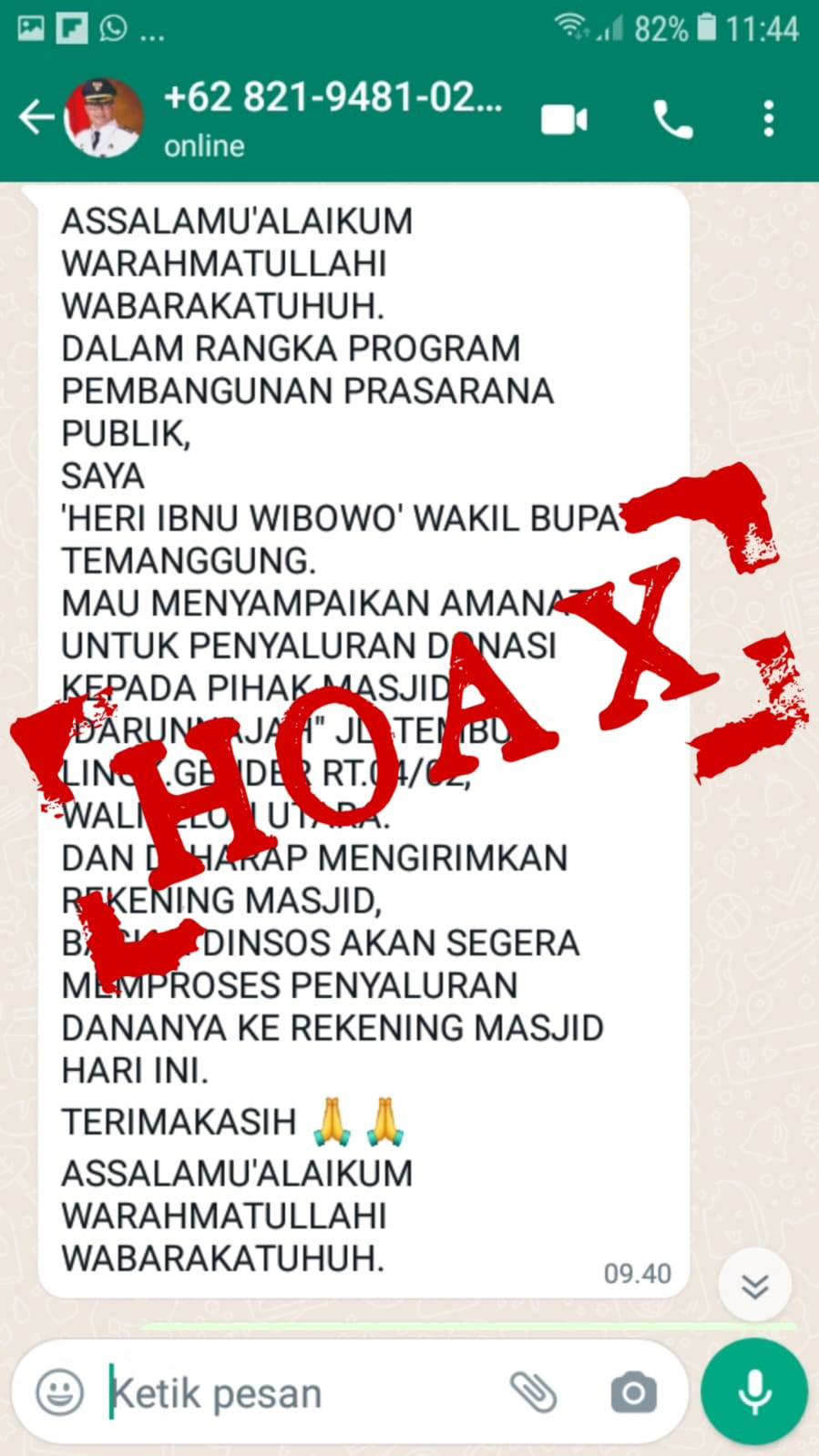 [HOAX] Mengaku sebagai Wakil Bupati Temanggung  menawarkan bantuan Pembangunan Prasarana Publik