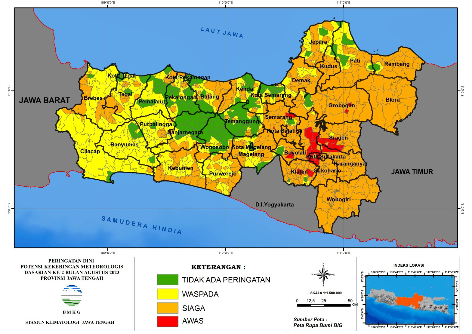 Peringatan Dini Kekeringan Meteorologis Dasarian II Bulan Agustus 2023 di Jawa Tengah