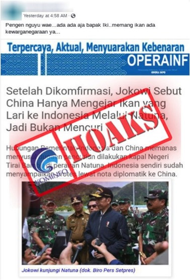 [HOAKS] Jokowi Sebut China Hanya Mengejar Ikan yang Lari ke Indonesia Melalui Natuna, Jadi Bukan Men