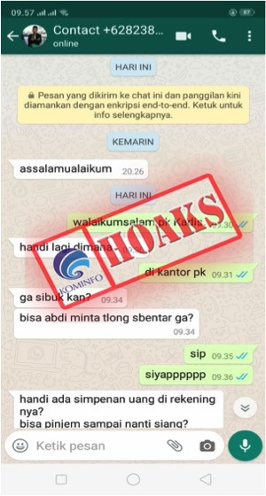 [HOAKS] Pesan WhatsApp Kadis Perikanan Pandeglang Pinjam Uang