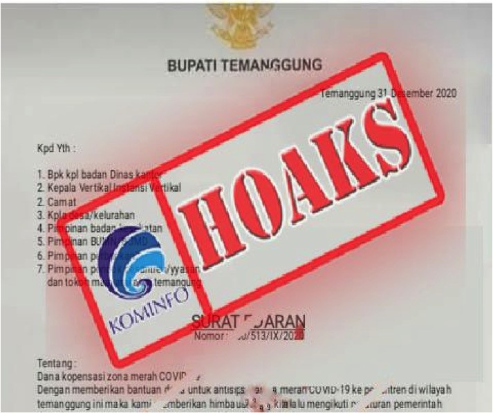 [HOAKS] Surat Edaran Kompensasi Zona Merah Covid-19 Mengatasnamakan Bupati Temanggung