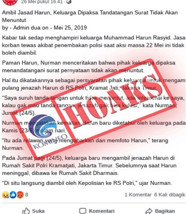 [HOAKS] Jasad Harun Tidak Boleh Diambil Dipaksa Tandatangan Surat