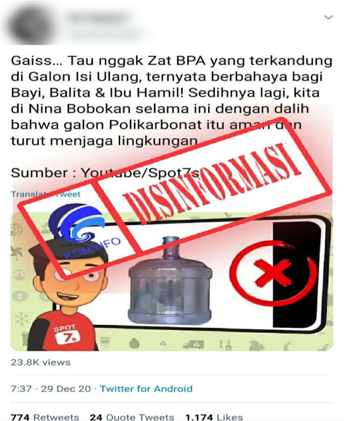 [DISINFORMASI] Kandungan Zat BPA pada Galon Isi Ulang Berbahaya