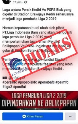 [HOAKS] Laga Pembuka Liga 2 Digelar di Balikpapan 