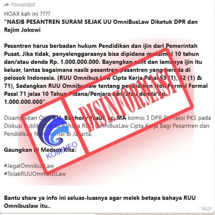 [DISINFORMASI] Nasib Pesantren Terancam dengan UU Ciptaker Omnibus Law