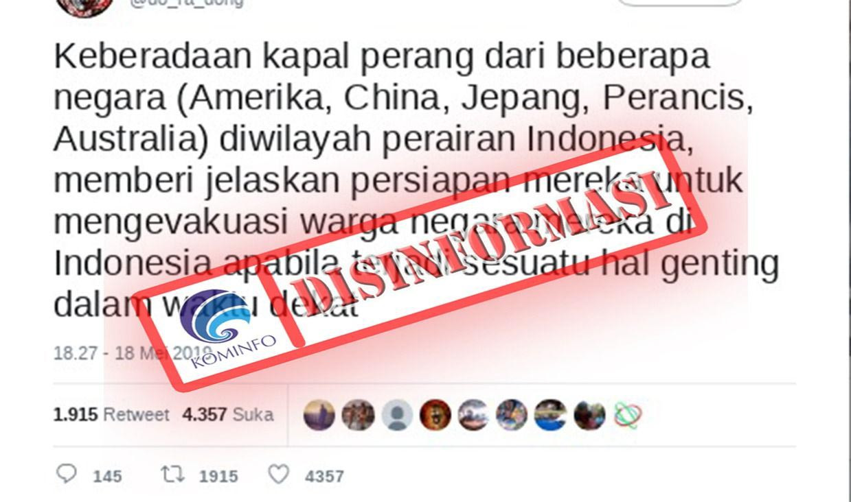 [DISINFORMASI] Kapal Perang Negara Lain di Perairan Indonesia Untuk Evakuasi Warganya Apabila Terjad