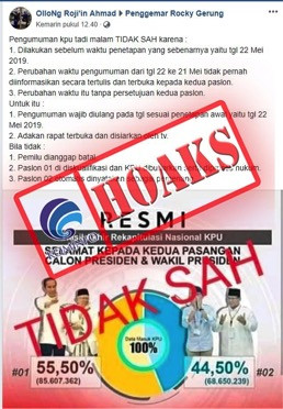 [HOAKS] Pengumuman KPU Sebelum Tanggal 22 Mei 2019 Tidak Sah