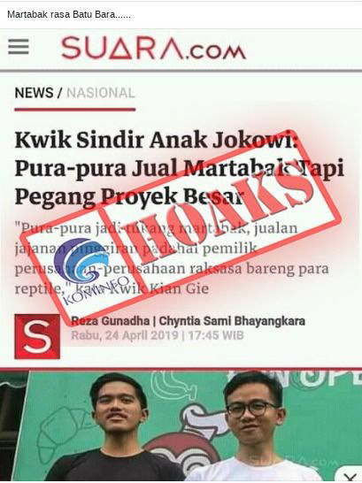 [HOAKS] Kwik Sindir Anak Jokowi: Pura-pura Jual Martabak Tapi Pegang Proyek Besar