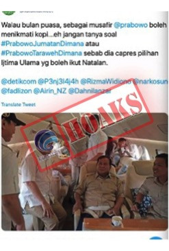 [HOAKS] “Walau Bulan Puasa, Sebagai Musafir @prabowo Boleh Menikmati Kopi”