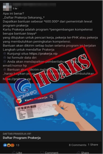 [HOAKS] Langkah untuk mendaftar Prakerja, Kunjungi Situs Prakerja.vip