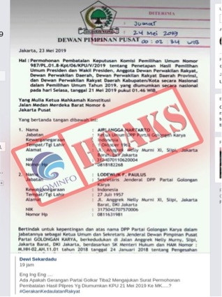 [HOAKS] Partai Golkar Mengajukan Surat Permohonan Pembatalan Hasil Rekapitulasi KPU ke MK